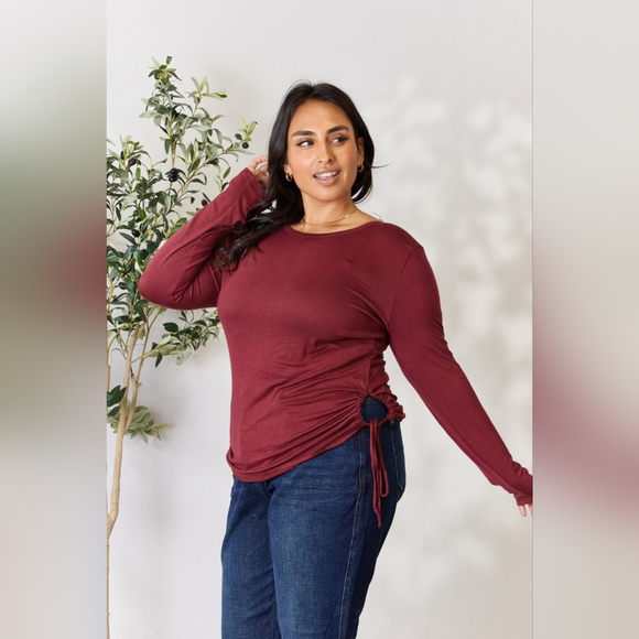 Culture Code Full Size Drawstring Round Neck Long Sleeve Wine Top - Picture 7 of 12